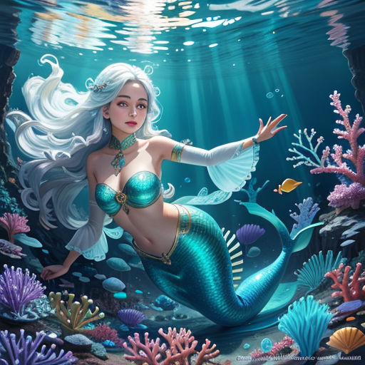 a mermaid with white hair and a blue tail is swimming in the ocean with corals and other sea life