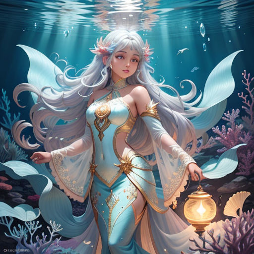 a woman in a blue dress standing under water with a lantern in her hand and a light in her hand