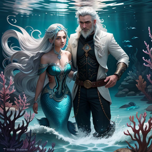 a man and a woman standing in the water next to each other, with a mermaid in the background