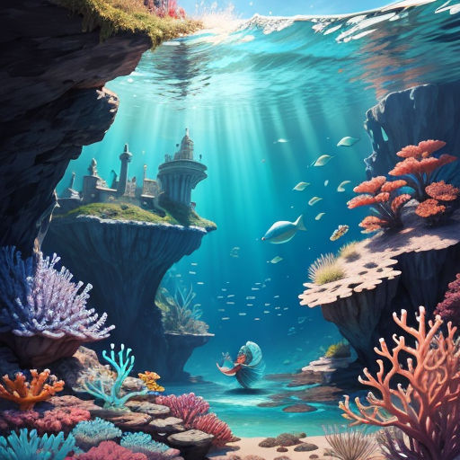 a painting of a underwater scene with a castle and corals in the water and a man swimming in the water