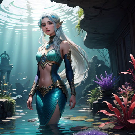 a woman in a blue dress standing in a underwater cave with plants and rocks around her and a fish in the water