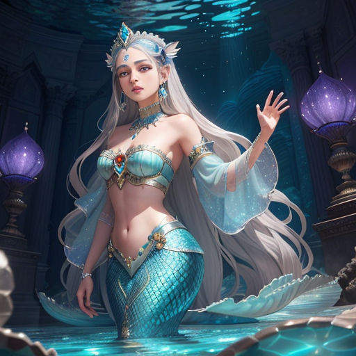 a woman in a blue dress standing in a water way with a fish tail on her head and a crown on her head
