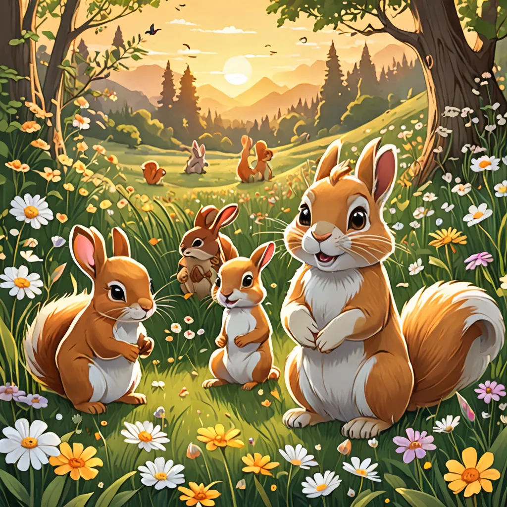 a painting of a family of rabbits in a field of flowers and trees with a sunset in the background, furry art, a storybook illustration, Chris LaBrooy, official art