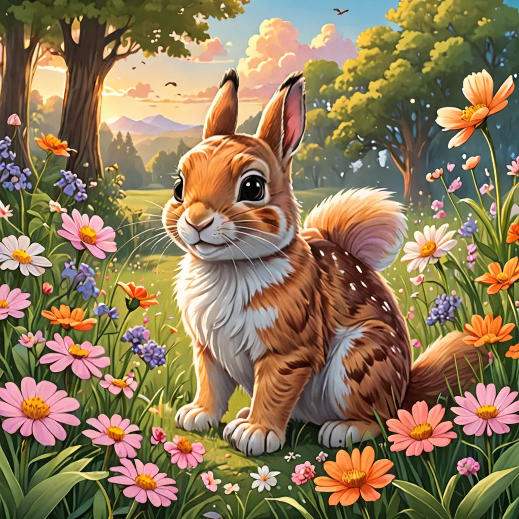 a painting of a rabbit in a field of flowers with a forest in the background and a bird flying overhead, furry art, a detailed painting, Chris LaBrooy, official art