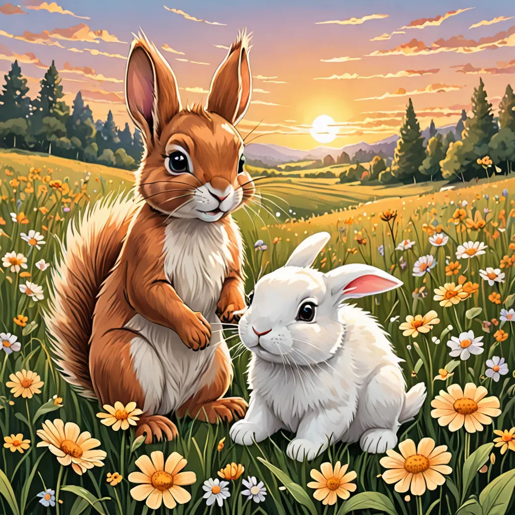a painting of a rabbit and a bunny rabbit sitting in a field of flowers at sunset with a sunset in the background, furry art, a storybook illustration, Brothers Hildebrandt, official art