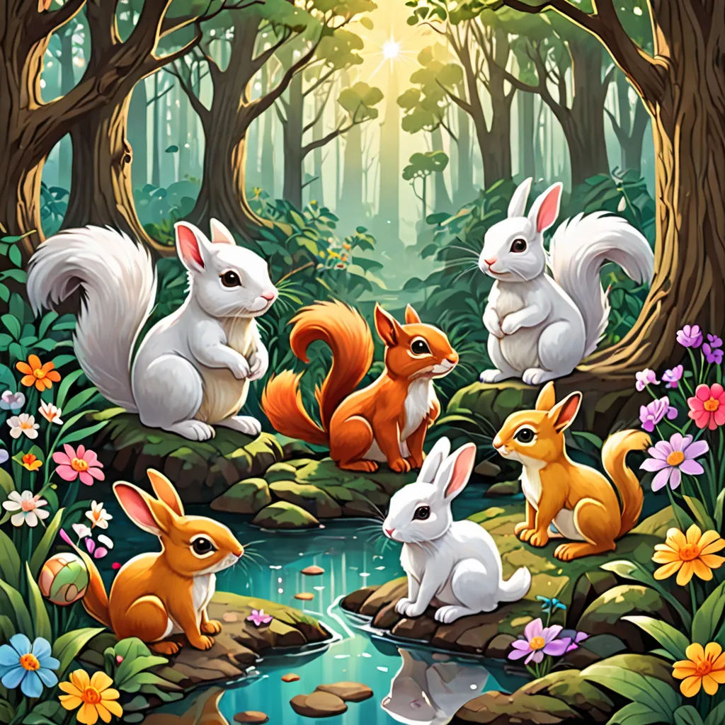 a painting of a forest with animals and a stream of water in it's center, surrounded by trees and flowers, fantasy art, a storybook illustration, Chris LaBrooy, official art
