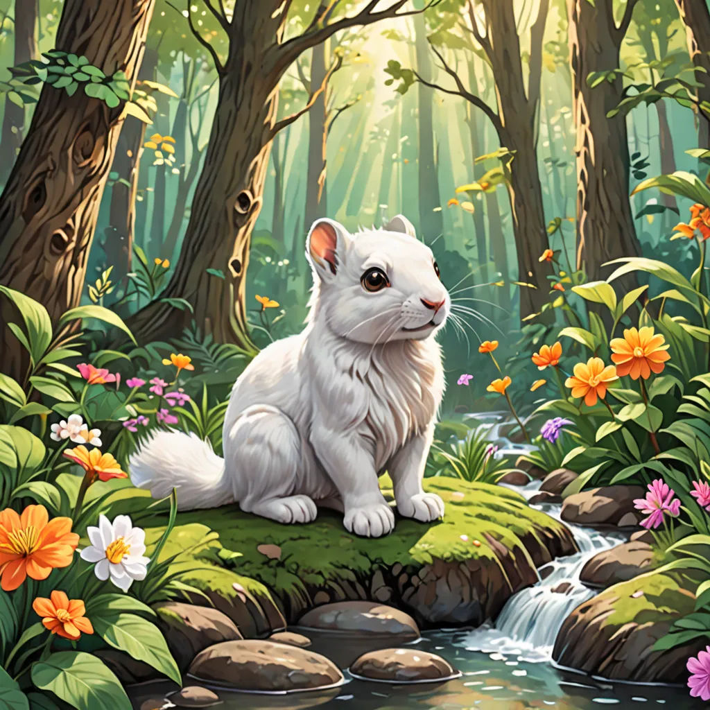 a white cat sitting on a rock in a forest with flowers and trees around it, with a stream running through the forest, fantasy art, a storybook illustration, Chris LaBrooy, magic the gathering artwork