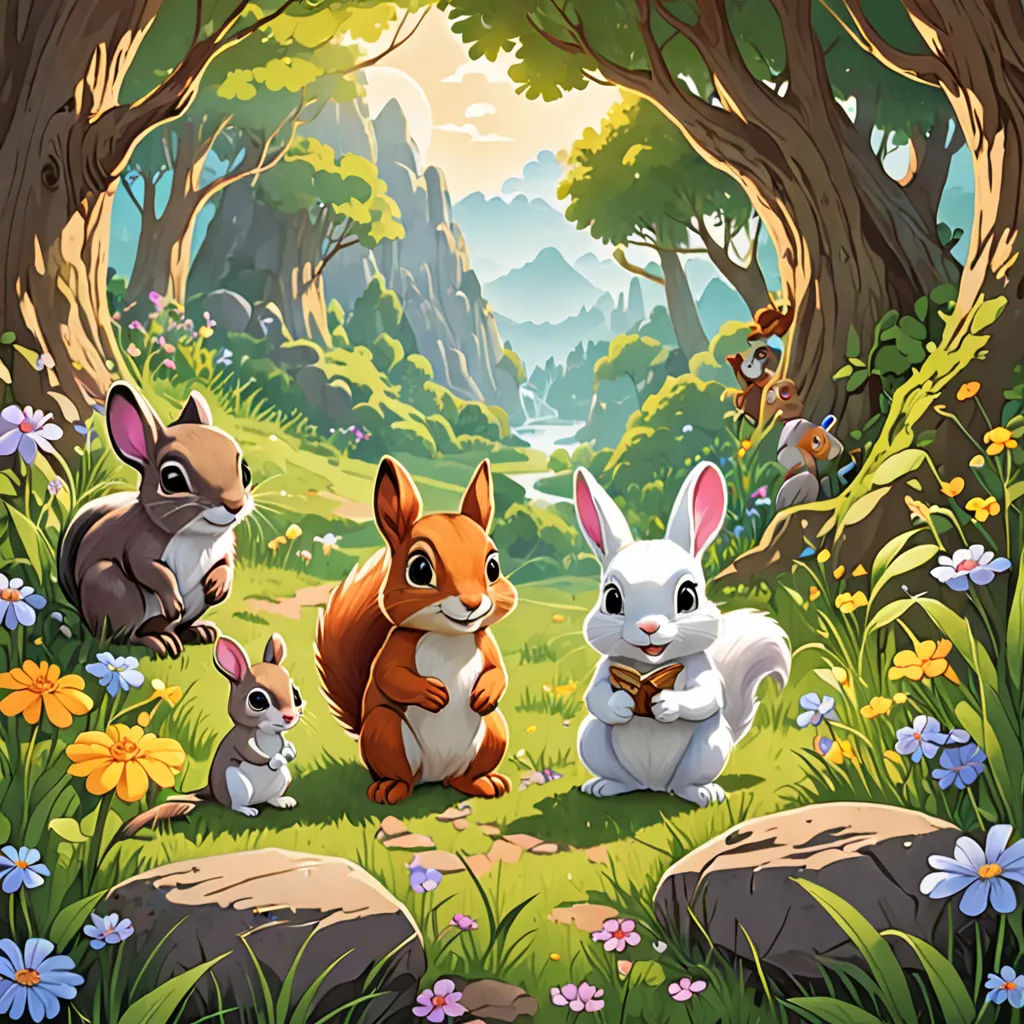 a group of animals sitting in the grass near trees and flowers in a forest with a mountain in the background, furry art, a storybook illustration, Chris LaBrooy, official art