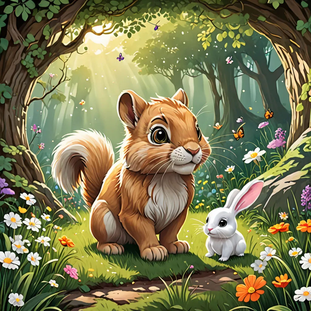 a painting of a squirrel and a bunny in a forest with flowers and butterflies around them, with a sunbeam in the background, fantasy art, a storybook illustration, Chris LaBrooy, rossdraws global illumination