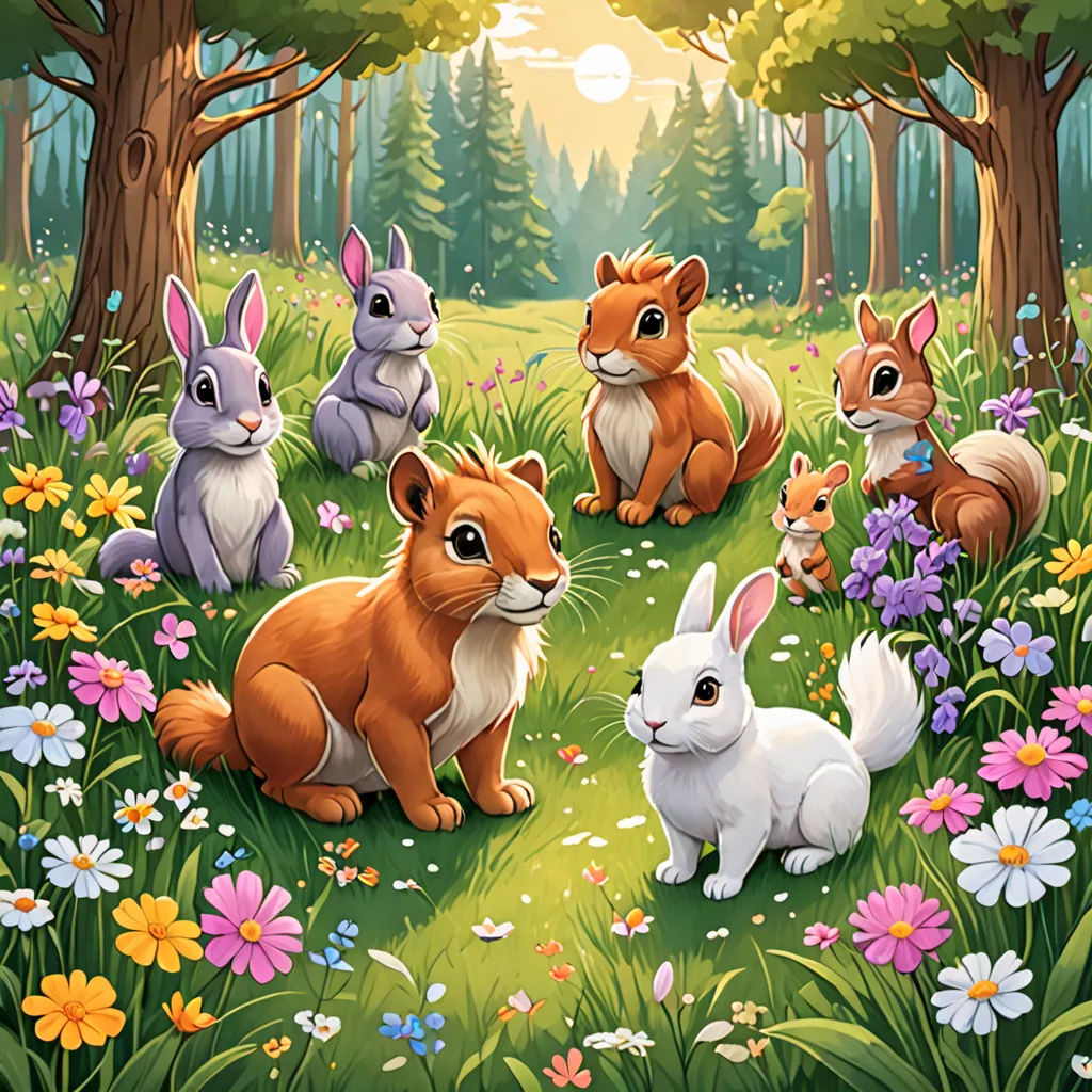 a group of animals sitting in a forest with flowers and trees around them, with a sun shining in the background, furry art, a storybook illustration, Chris LaBrooy, key art