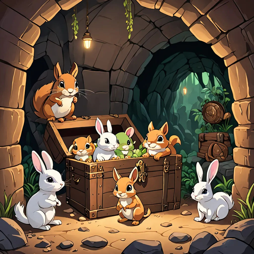 a group of rabbits in a cave with a trunk full of eggs and a rabbit in the middle of the picture, furry art, a storybook illustration, Eden Box, game art