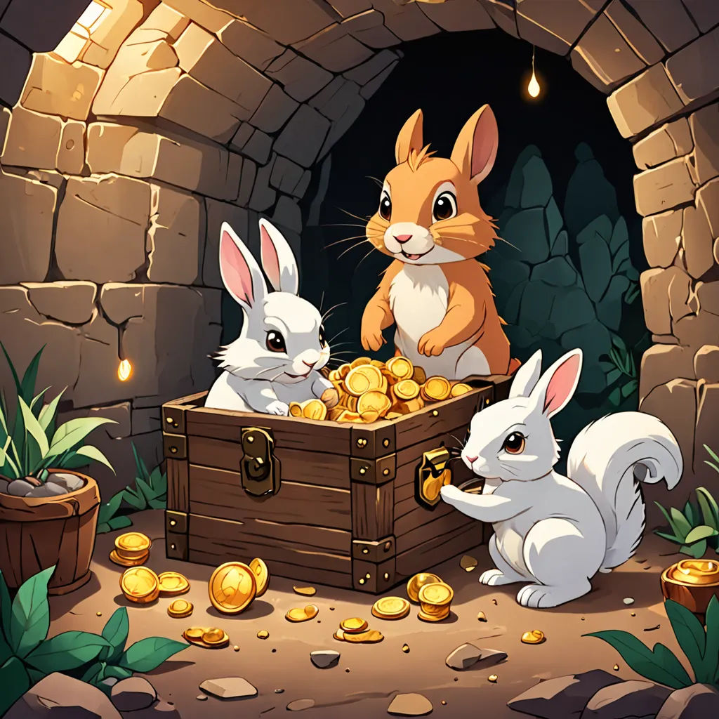 a rabbit and two rabbits are sitting in a chest of gold coins in a cave with a stone wall, furry art, a storybook illustration, David Martin, game art