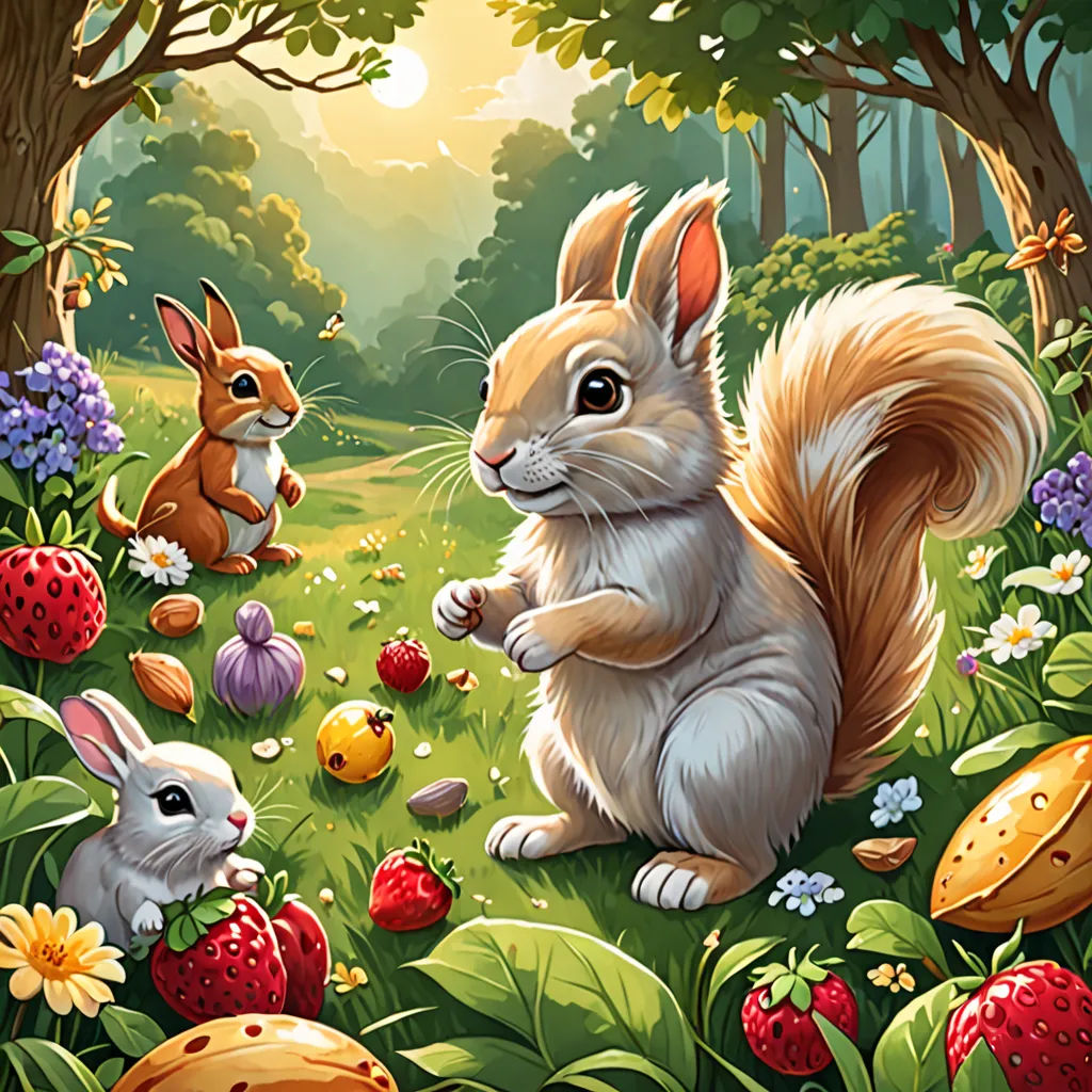 a painting of a squirrel and a bunny in a forest with strawberries and mushrooms and other animals surrounding, fantasy art, a storybook illustration, Chris LaBrooy, official art