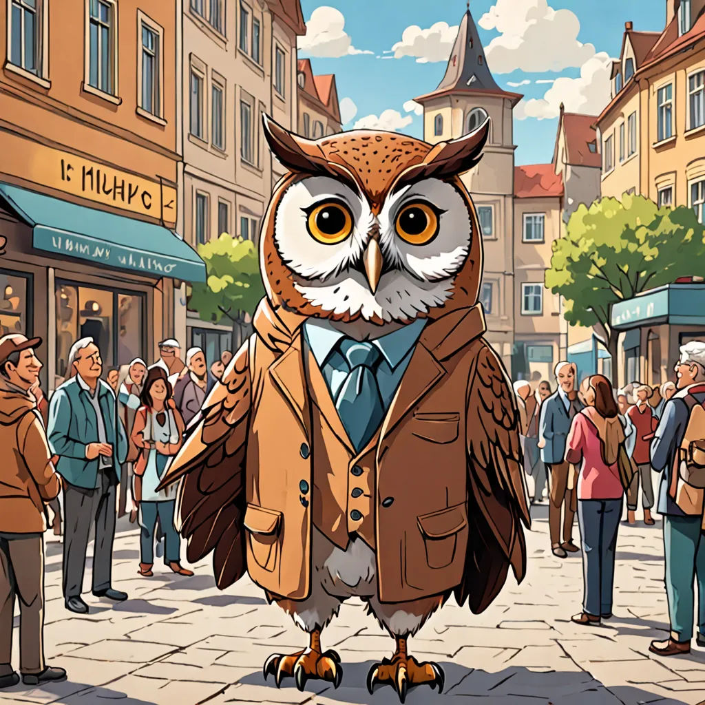 a cartoon of an owl dressed in a suit and tie standing on a city street with people in the background, art & language, a storybook illustration, Chris LaBrooy, behance hd