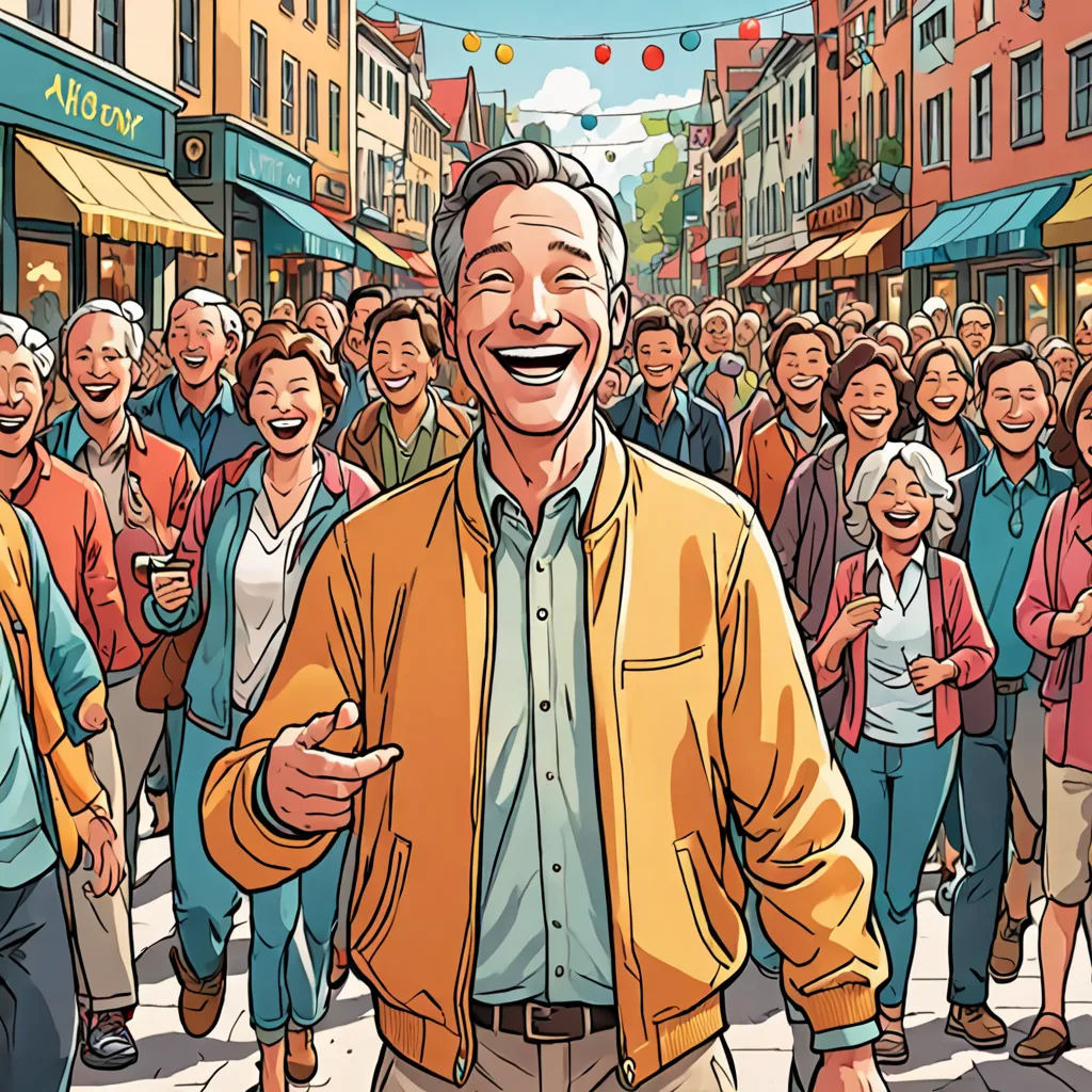 a man standing in front of a crowd of people on a street with a yellow jacket on and a crowd of people behind him, excessivism, a comic book panel, Art Fitzpatrick, detailed illustration