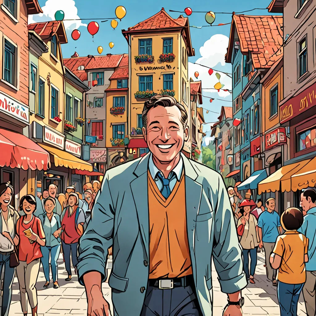 a man walking down a street with a crowd of people behind him and a building with a red roof, regionalism, a storybook illustration, Chris LaBrooy, promotional image