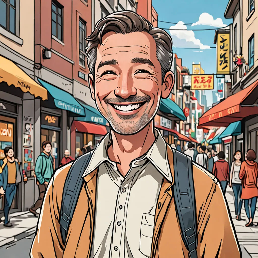 a man with a backpack on a city street smiling at the camera with people walking by in the background, international typographic style, a character portrait, Asaf Hanuka, rossdraws global illumination