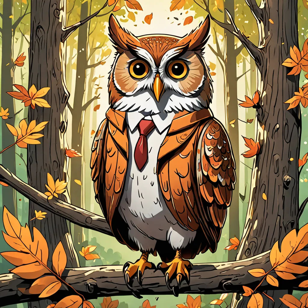 a cartoon owl sitting on a branch in a forest with leaves around it and a background of trees and leaves, pop surrealism, a storybook illustration, Chris LaBrooy, behance hd