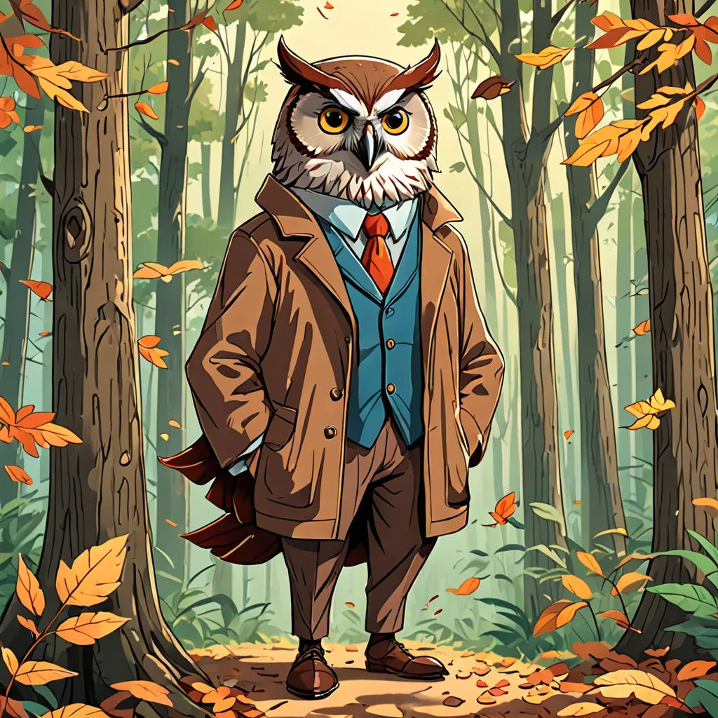 a man in a brown coat and tie standing in a forest with an owl mask on his head and a red tie, arts and crafts movement, a storybook illustration, Chris LaBrooy, storybook illustration