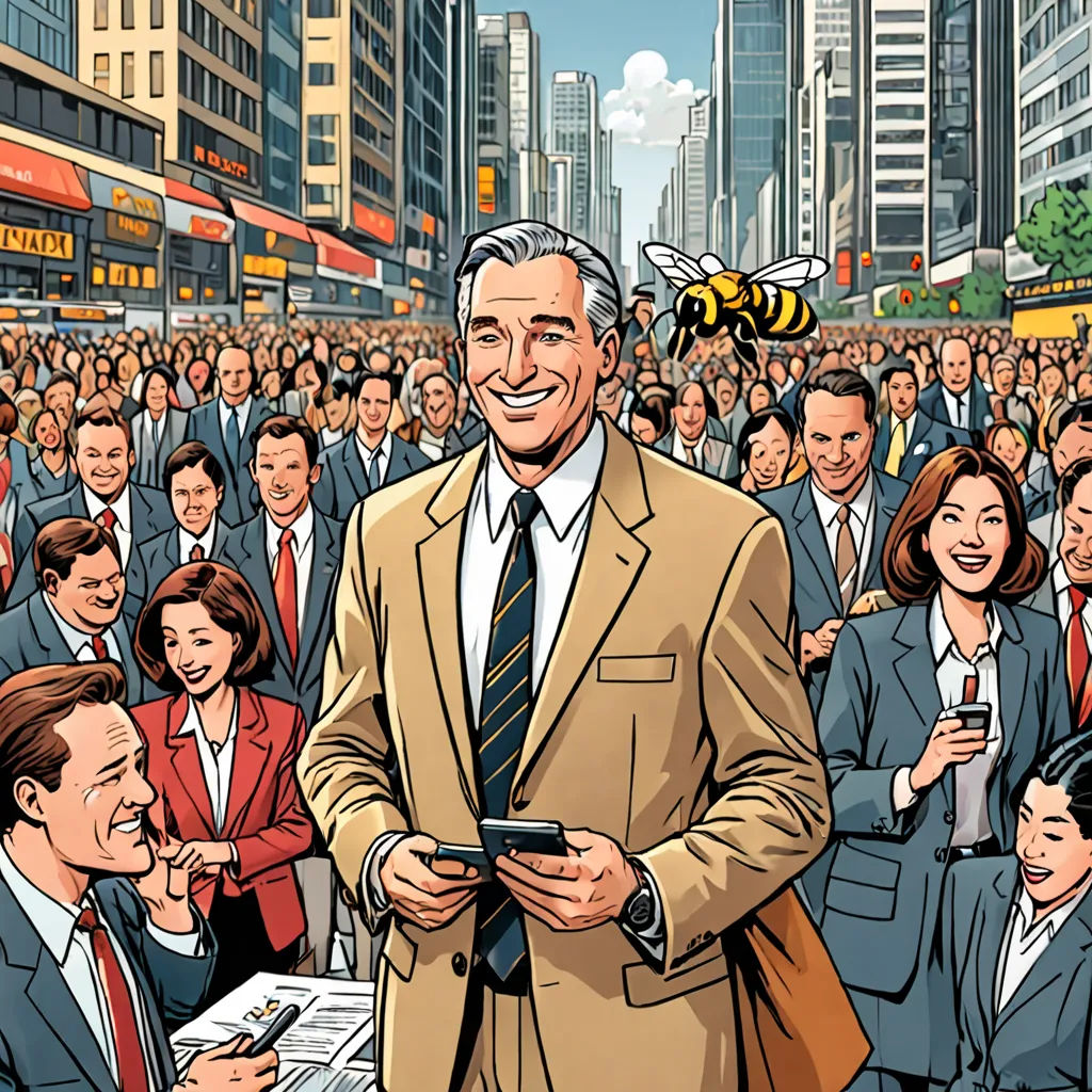 a man in a suit and tie standing in front of a crowd of people with a bee on his forehead, fantastic realism, a comic book panel, Asaf Hanuka, graphic novel