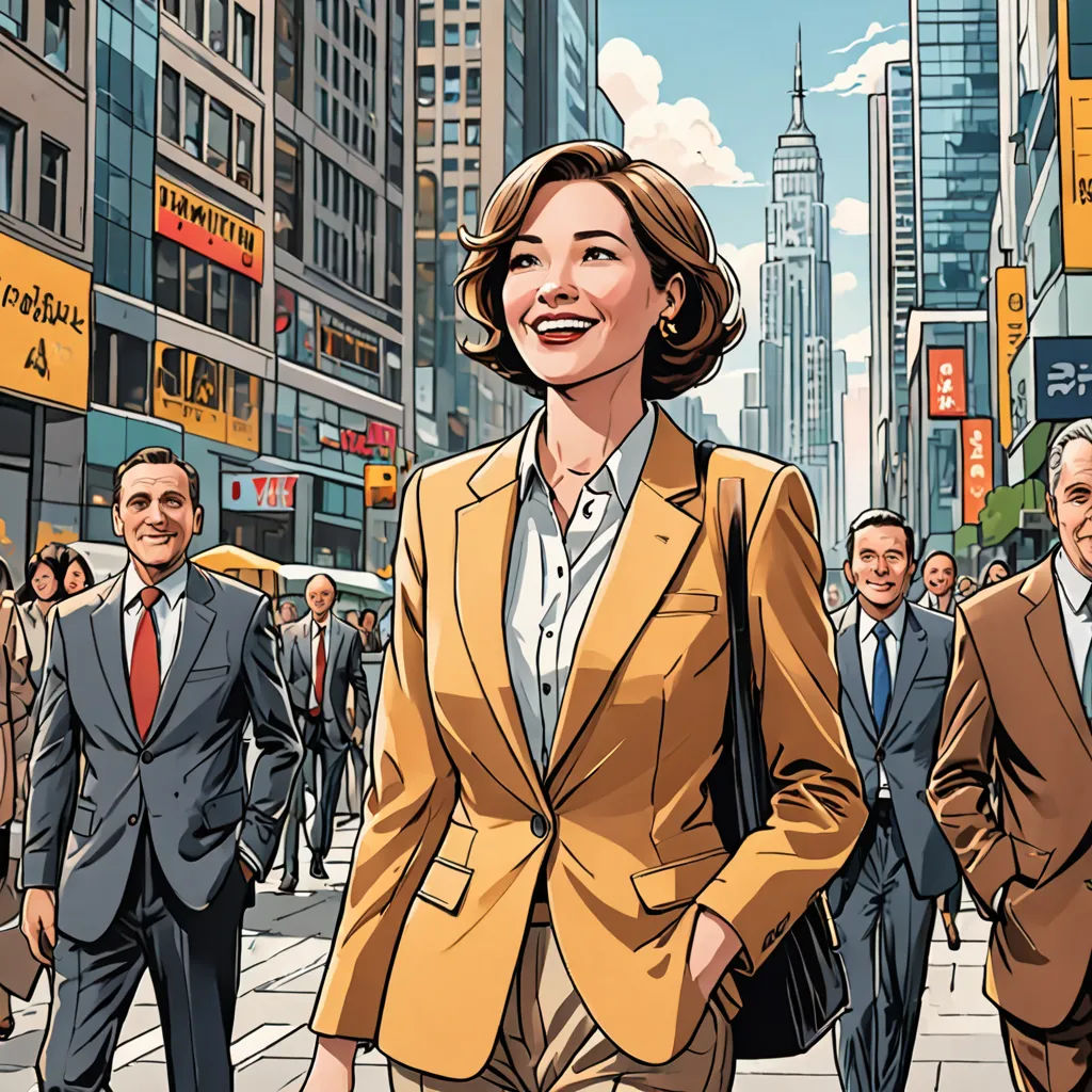 a woman in a suit and tie walking down a street with other people in the background and a cityscape in the background, american scene painting, a comic book panel, F. Scott Hess, high detail illustration