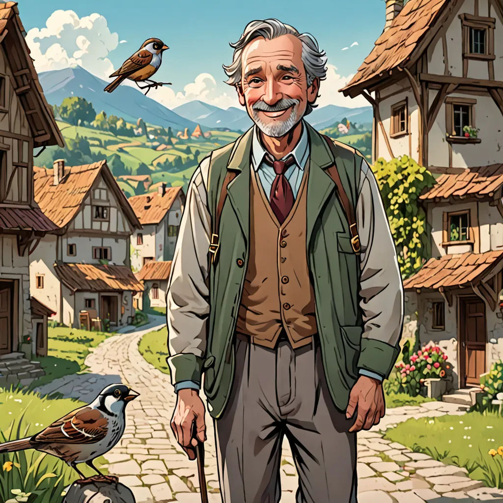 a man with a cane and a bird on a leash in front of him and a village with birds, arts and crafts movement, a storybook illustration, Cliff Childs, official art
