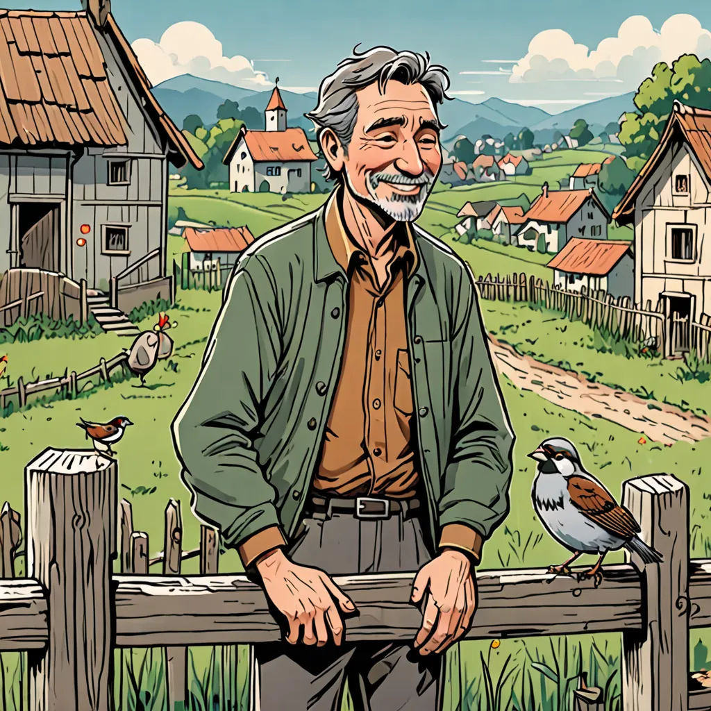 a man standing on a fence with a bird on his hand and a farm in the background with a bird on his hand, primitivism, a storybook illustration, Art Spiegelman, graphic novel