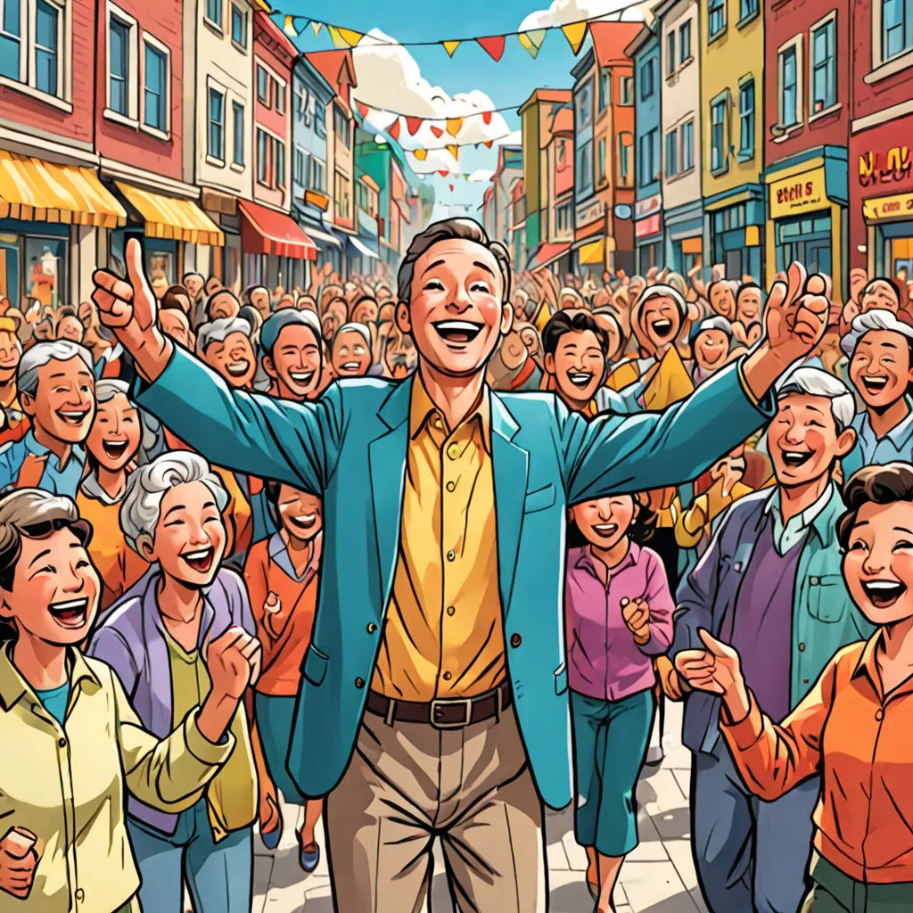 a man standing in front of a crowd of people with his arms up in the air and his hands up in the air, excessivism, a comic book panel, Asaf Hanuka, comic cover art