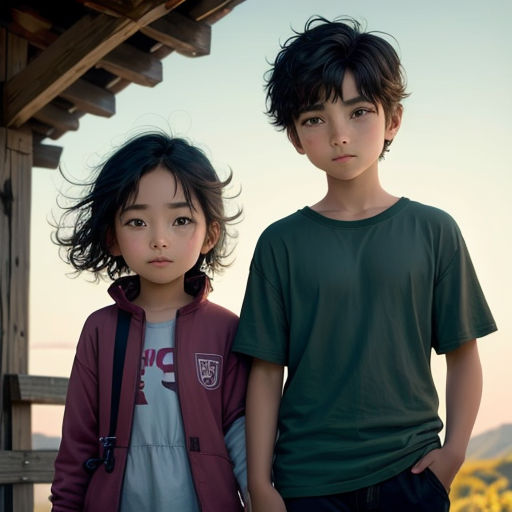 two children standing next to each other in front of a building with mountains in the background and a blue sky