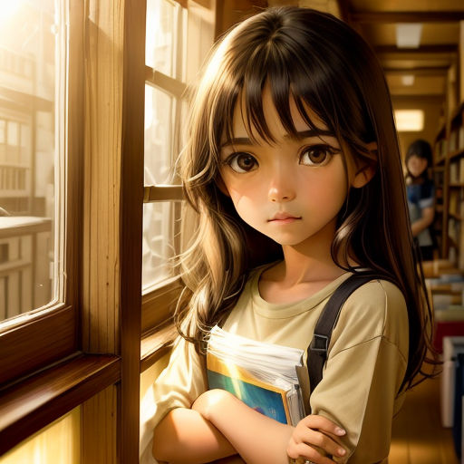 a little girl standing by a window with a book in her hand and looking out the window at the camera