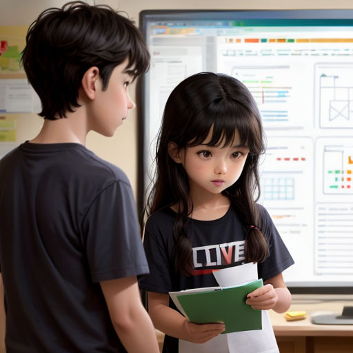 a boy and girl standing in front of a computer screen with a folder in their hands and a folder in their hand