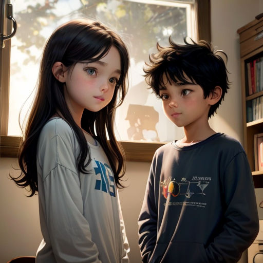 a couple of kids standing next to each other in a room with a window and bookshelf behind them