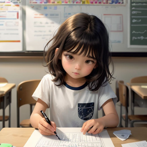 a little girl sitting at a desk with a pen and paper in front of her and a book on the desk