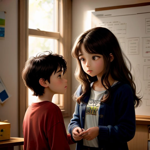 a boy and a girl standing in front of a whiteboard with a diagram on it and a window