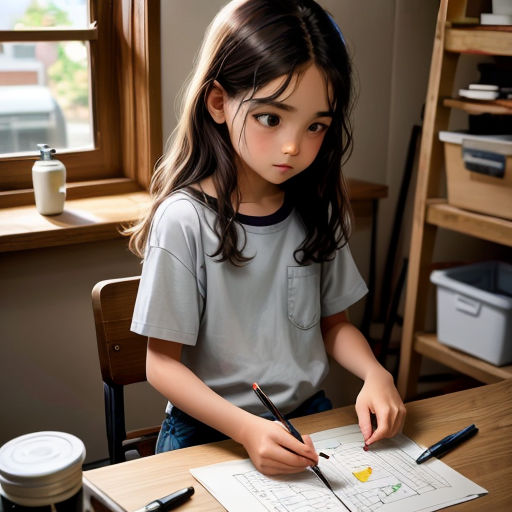 a little girl sitting at a desk with a pen and paper in front of her and a window behind her