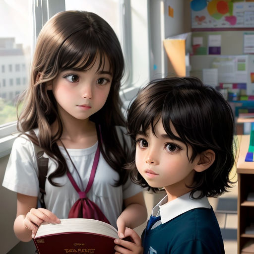 two children are standing next to each other and reading a book together in a classroom with a window behind them