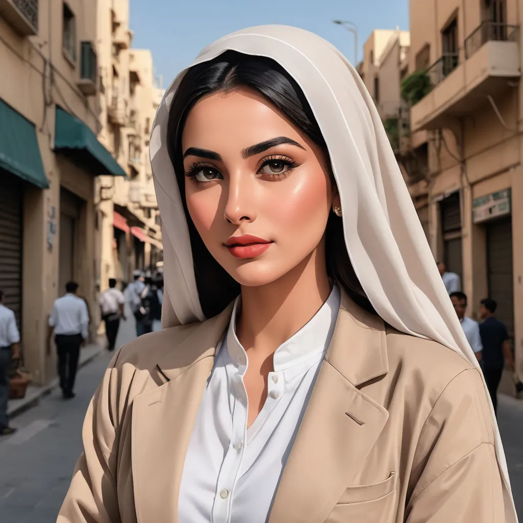 a woman in a nun outfit on a street corner with people walking around her and a building in the background, qajar art, egyptian art, Bouchta El Hayani, neutral colors