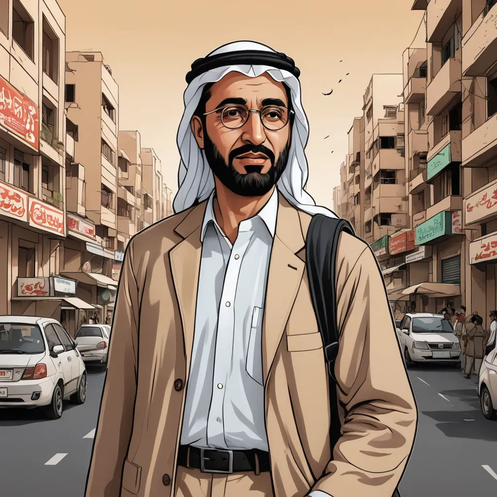 a man in a suit and tie standing in the middle of a street with cars and buildings in the background, serial art, a character portrait, Asaf Hanuka, graphic novel