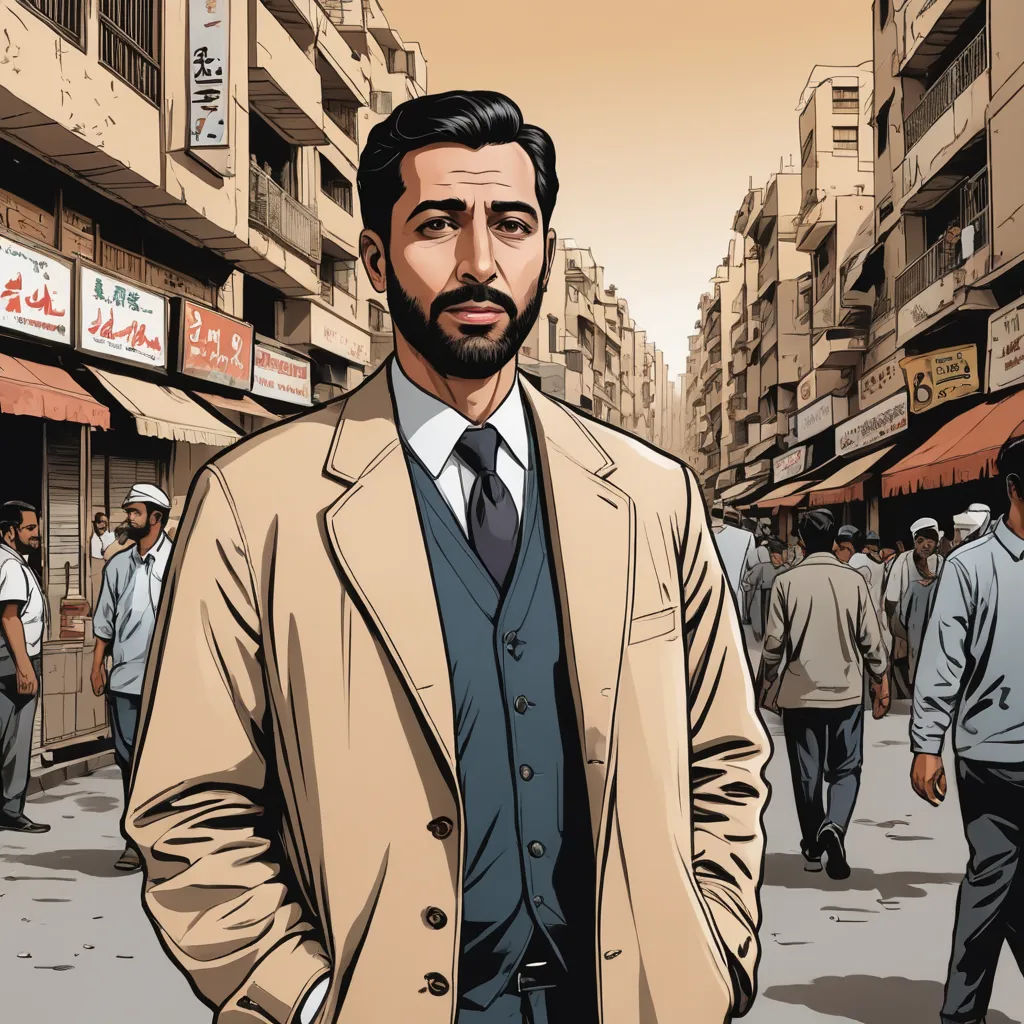 a man in a suit and tie standing in the middle of a street with people walking around him and buildings in the background, serial art, a character portrait, Ahmed Karahisari, promotional image