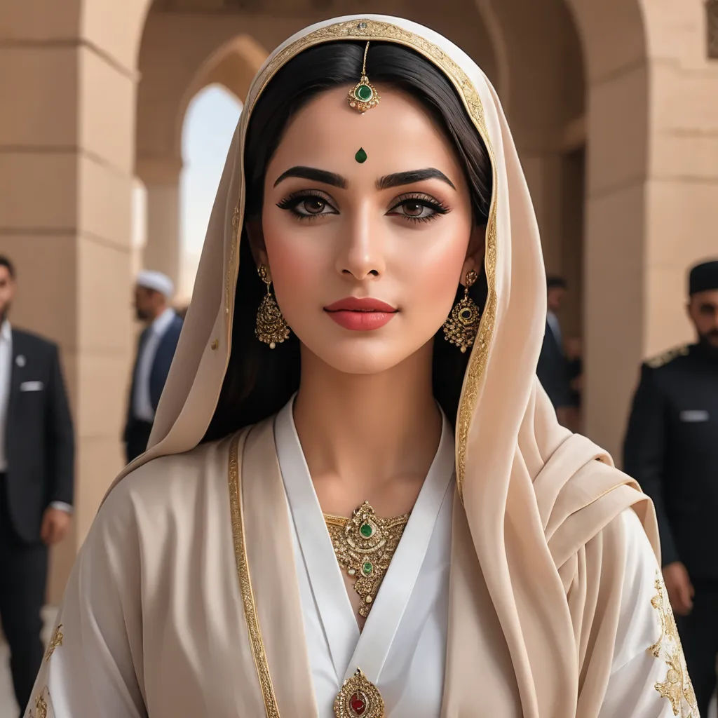 a woman in a white dress and a man in a suit and turban are standing in a courtyard, hurufiyya, a marble sculpture, Ella Guru, jewelry