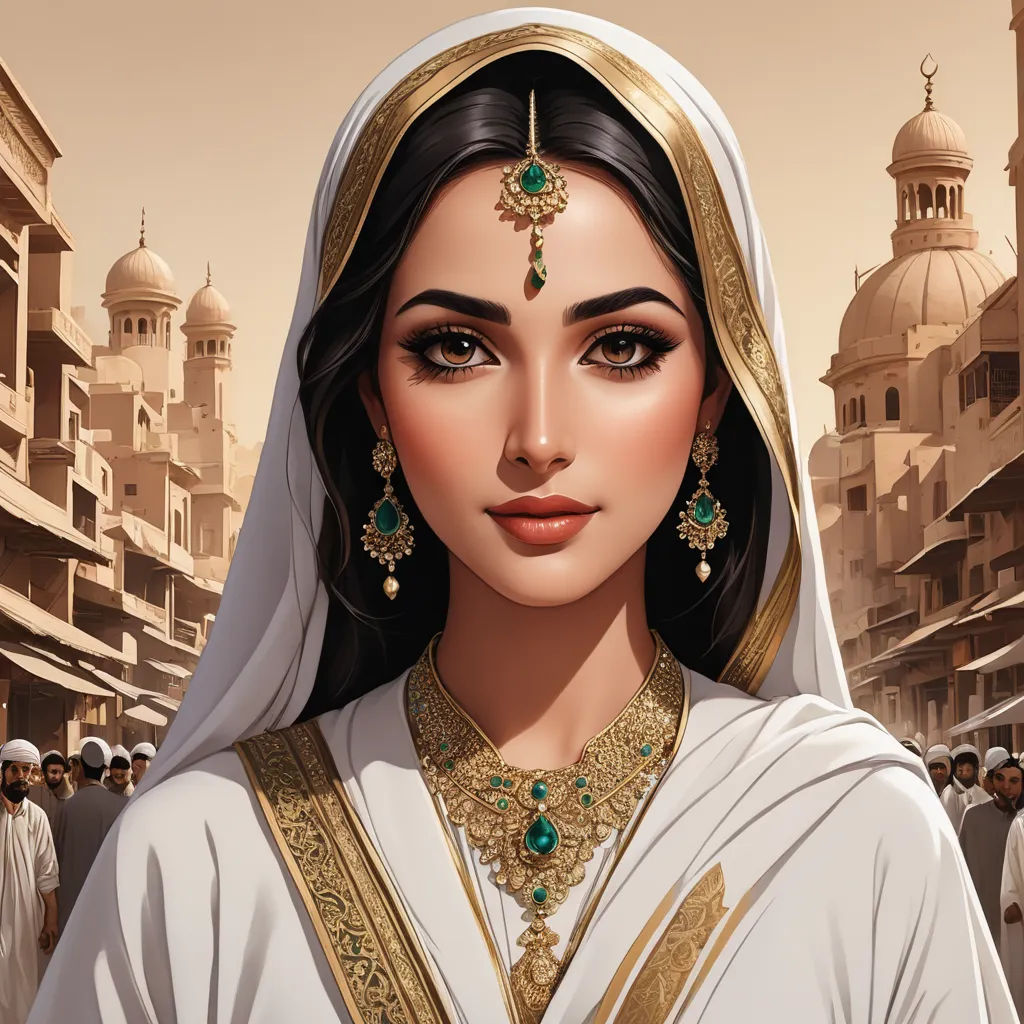 a woman in a white dress with a gold and green necklace and earrings on her head and a cityscape in the background, fantasy art, a detailed painting, Charlie Bowater, highly detailed digital painting