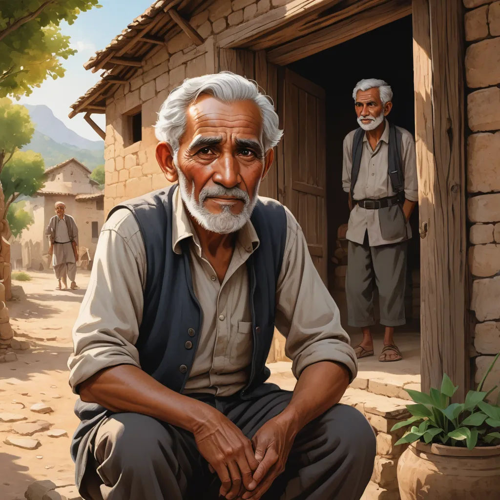 a painting of a man sitting in front of a house with a man standing behind him and another man standing behind him, figurative art, a detailed painting, Brothers Hildebrandt, highly detailed digital painting