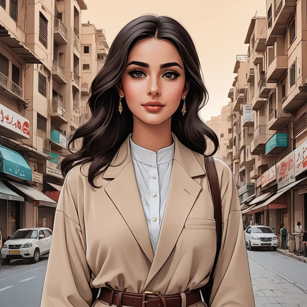 a woman in a tan suit and brown belted jacket on a city street with cars and buildings in the background, aestheticism, a comic book panel, Elina Karimova, city background