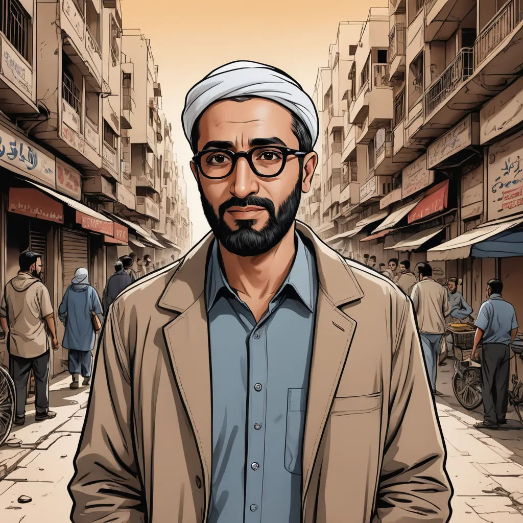 a man with a turban standing in a street in a city with people walking around him and a bicycle parked on the sidewalk, serial art, a character portrait, Asaf Hanuka, graphic novel