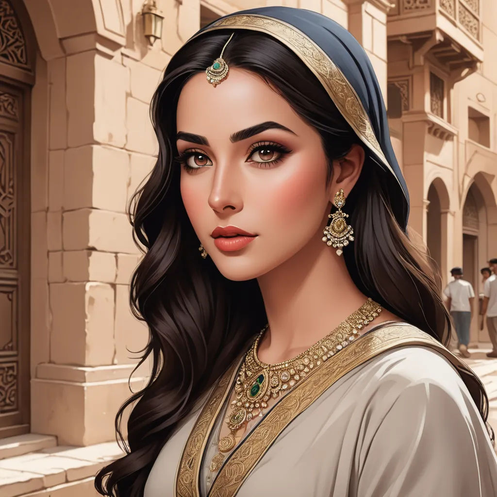 a woman in a dress and jewelry in a street scene with people walking by and a building in the background, fantasy art, a detailed painting, Charlie Bowater, highly detailed digital painting