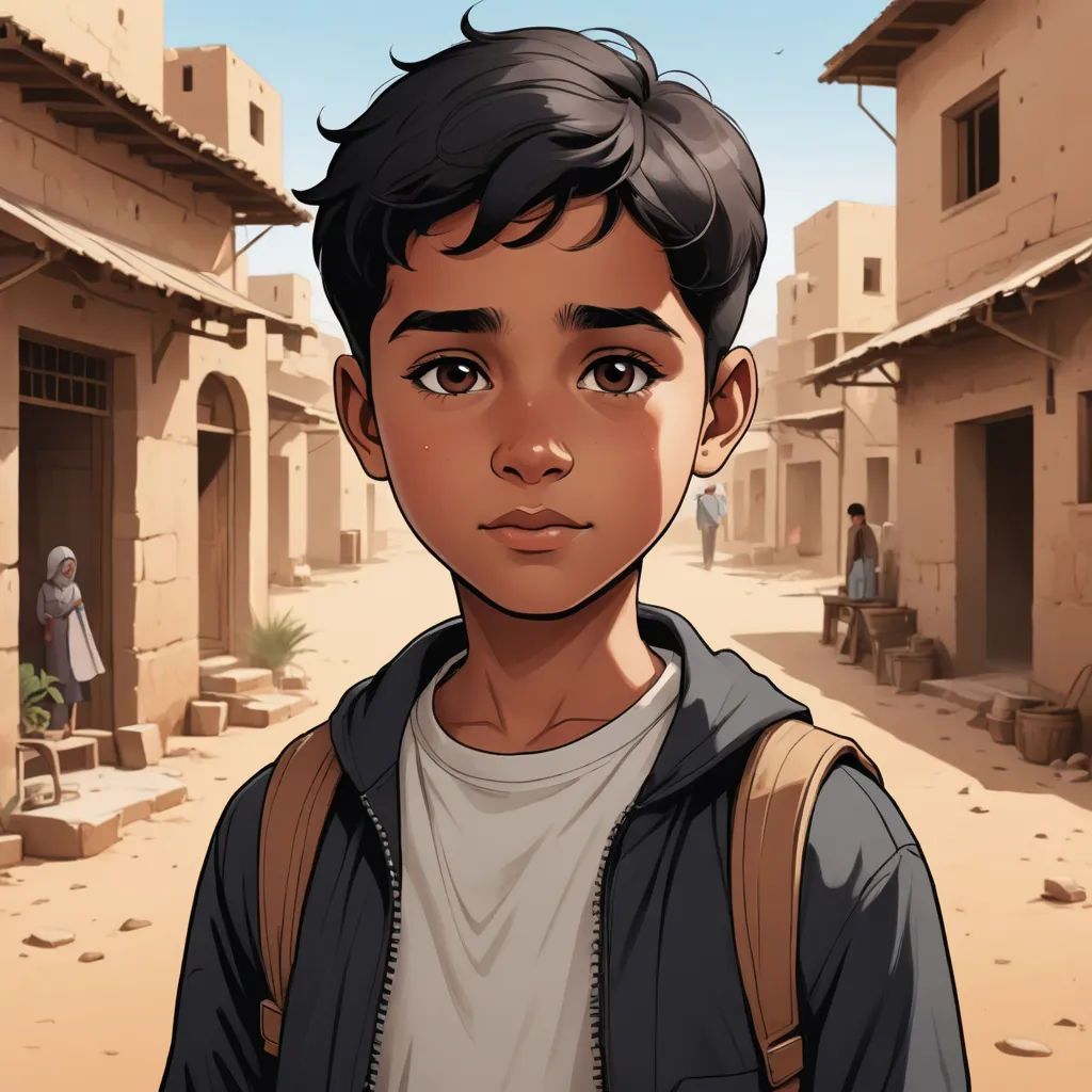 a boy in a black jacket standing in a street with a building in the background and a person in the distance, serial art, a comic book panel, Amir Zand, graphic novel
