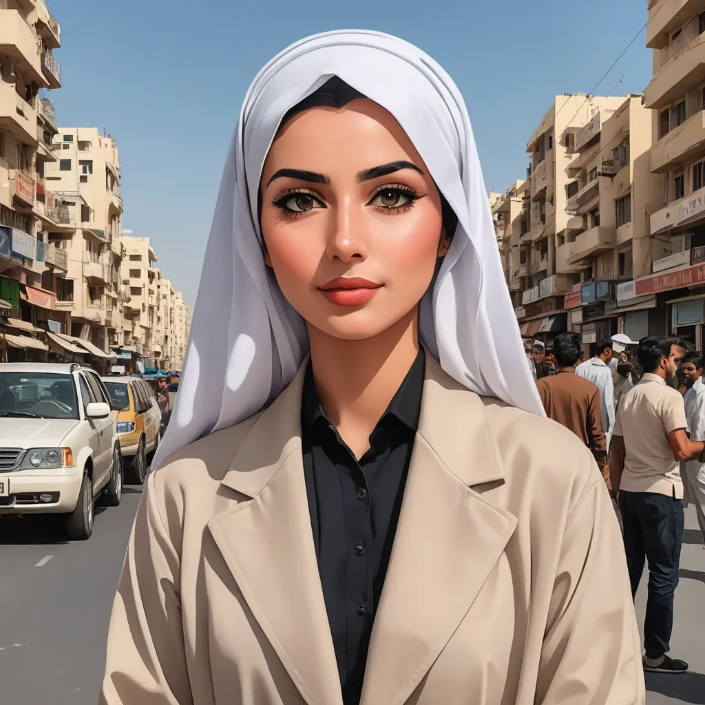 a woman in a headscarf is standing in the street with a car and people in the background, digital art, a digital painting, Alena Aenami, highly detailed digital painting