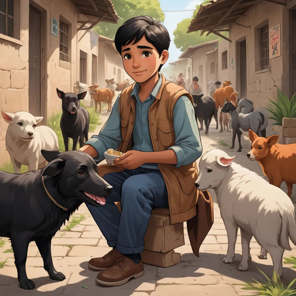 a man sitting on a chair with a bunch of animals around him and a dog standing next to him, serial art, a storybook illustration, Amir Zand, official art