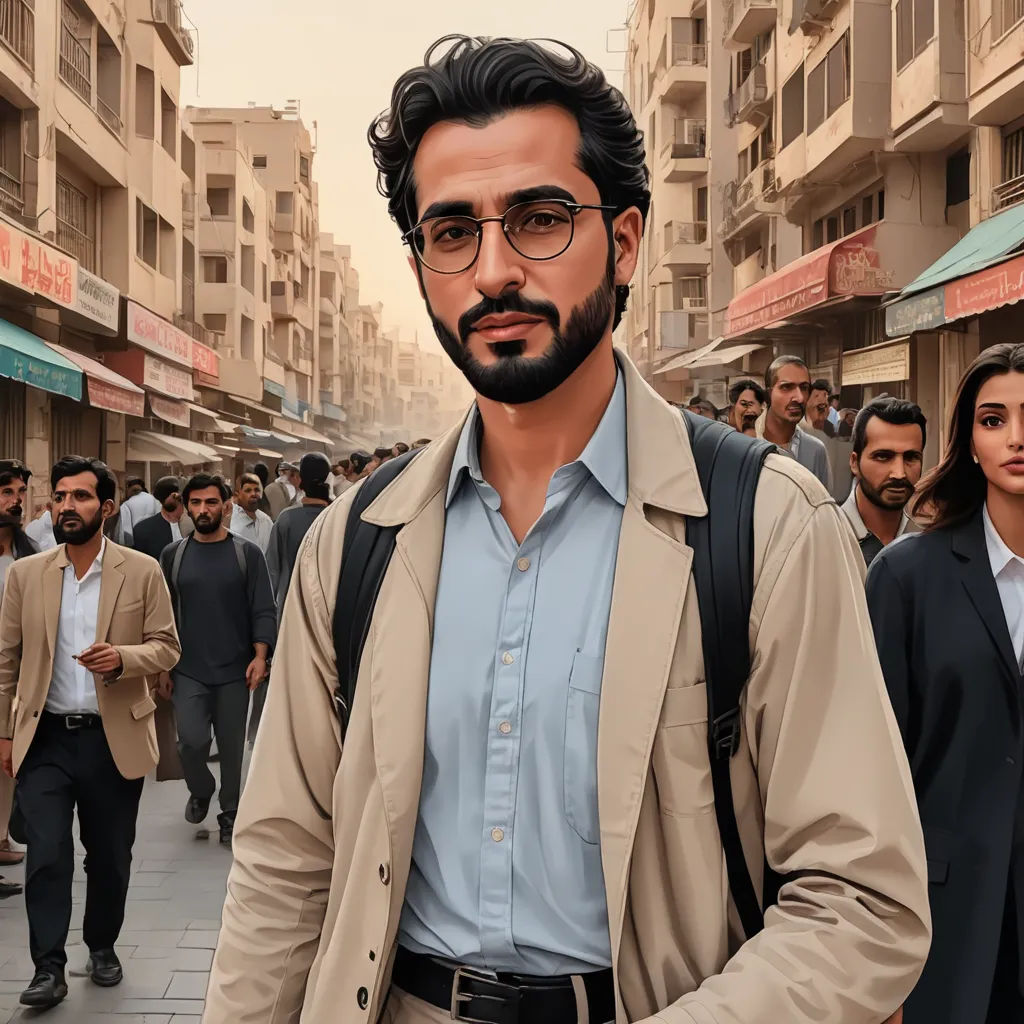a man with a beard and glasses standing in a crowd of people in a city street with buildings and people walking, serial art, a hyperrealistic painting, Ahmed Karahisari, extremely detailed oil painting