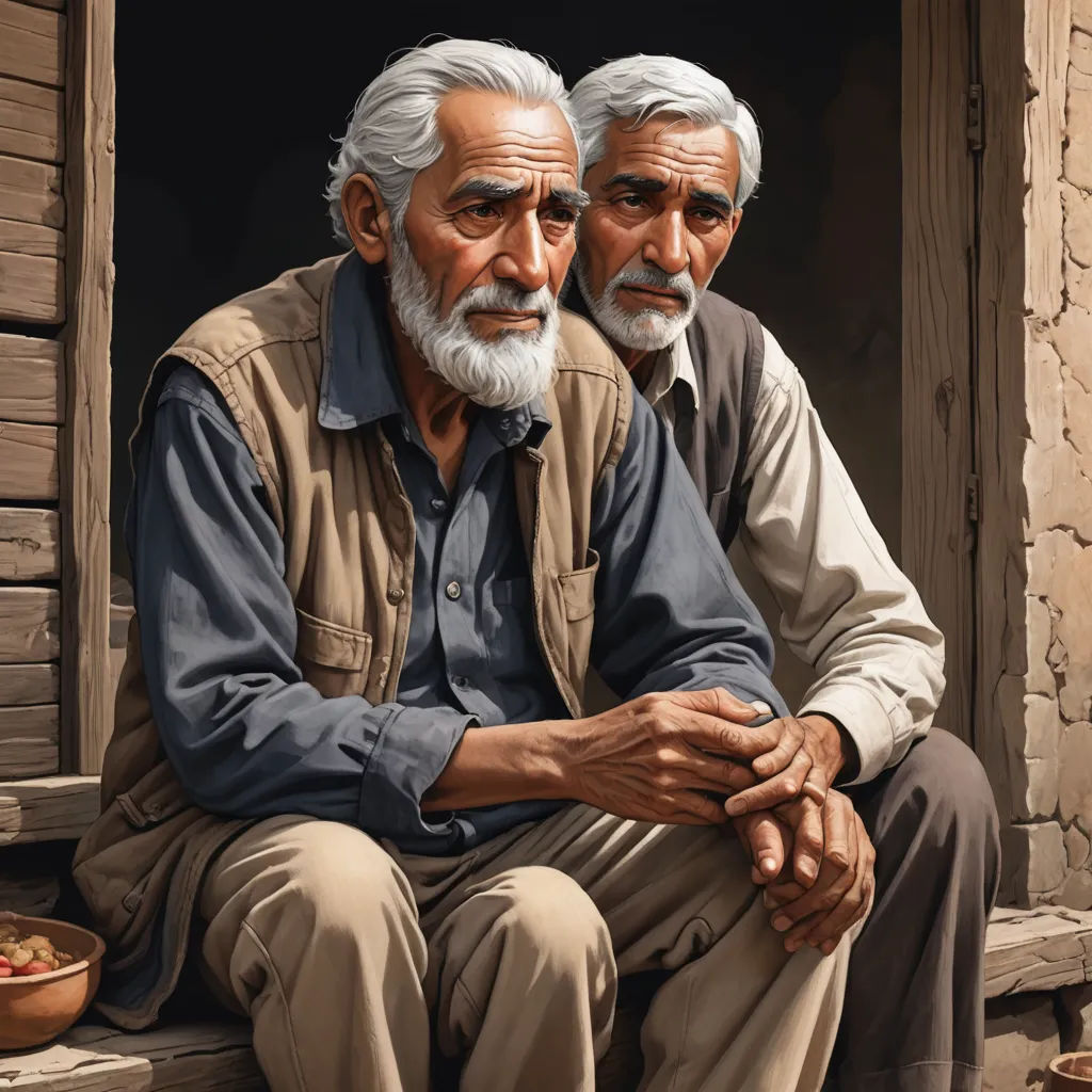 two older men sitting on a window sill with their hands together, one of them is holding the other, qajar art, a digital painting, Brothers Hildebrandt, highly detailed digital painting